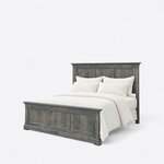 Diagonal angled view showing the left side of a transitional panel bed, with a three-panel headboard and footboard.