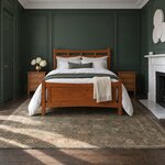 Front room view of a transitional panel bed in a reddish-brown finish, in a green-paneled bedroom with a fireplace.