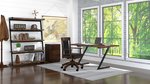 live edge office desk in an office setting with bookshelf and office chair