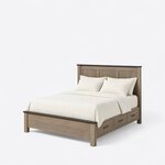 Diagonal angled view showing the left side of a Shaker storage bed, with a three-panel headboard and three side drawers.