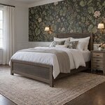 Diagonal angled room view showing the left side of a rustic panel bed with a low footboard, in a floral wallpapered bedroom.