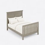 High angled view of a transitional panel bed, looking down on the two-panel headboard, side rails and slatted footboard.