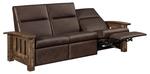 Amish Dutton Rough Sawn Maple Wood Mission Wall Hugger Reclining Sofa Shown in Texas Leather and Roughsawn Brown Maple with Almond
