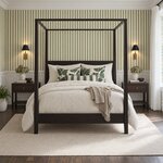 Front room view of a modern canopy bed with an open canopy frame and low footboard, in a striped wallpapered bedroom.