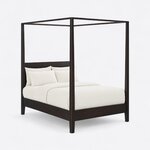 Diagonal angled view showing the right side of a modern canopy bed, with an open canopy frame and a plain panel headboard.