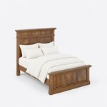 High angled view of a traditional panel bed, looking down on the deep side rails, square legs and plinth-based footboard.