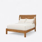 Diagonal angled view showing the left side of a transitional sleigh bed, with a rolled panel headboard and a low footboard.