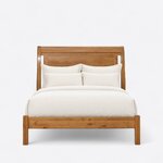 Front view of a transitional sleigh bed, showing a scrolled panel headboard and a low footboard on square legs.
