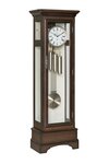 Amish Handcrafted Carmichael Solid Wood Classic Grandfather Clock Shown with brushed nickel components, shiplap back with egret white paint, jacobean stain with burnished edges on clock case on walnut wood.