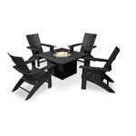 POLYWOOD® Modern Curveback Adirondack 5-Piece Conversation Set with Fire Pit Table