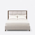 Front view of a modern upholstered bed, showing a tall framed panel headboard and a low upholstered footboard.