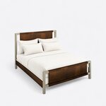 High angled view of a modern panel bed, looking down on the flat panels, deep side rails and square metal corner legs.