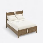 High angled view of a modern panel bed, looking down on the square posts, a plain side rail and the low cutout footboard.
