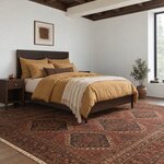 Diagonal angled room view showing the right side of a minimalist panel bed with tapered legs, in a coffered-ceiling bedroom.