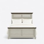 Front view of a coastal panel bed, showing a crown-capped louvered headboard and a capped two-panel footboard on bun feet.