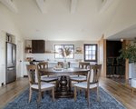 Brentwood Reclaimed Barnwood Dining Set with Brown Maple Base and 5 side chairs with Brown Maple Frames and Upholstered Seats. This set is finished with Light Brown Stain and Dull 10 Sheen Varnish and c2-39 Birch Upholstery