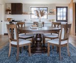 Brentwood Reclaimed Barnwood Dining Set with Brown Maple Base and 5 side chairs with Brown Maple Frames and Upholstered Seats. This set is finished with Light Brown Stain and Dull 10 Sheen Varnish and c2-39 Birch Upholstery