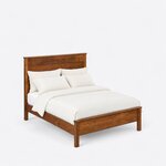 High angled view of a transitional panel bed, looking down on the plank headboard, plain side rail and low capped footboard.