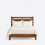 Front view of a farmhouse panel bed, showing two floating headboard panels in an open grid frame and a low footboard.