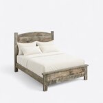 High angled view of a rustic panel bed, looking down on the side rails, square legs and low capped footboard.
