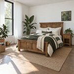 Diagonal angled room view showing the left side of a Craftsman panel bed with a panel footboard, in a plant-filled bedroom.