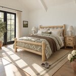 Diagonal angled room view showing the left side of a rustic log bed with a spindle headboard, in a white vaulted bedroom.