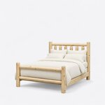 Diagonal angled view showing the left side of a rustic log bed, with a spindle headboard and an open log footboard.