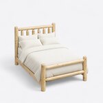 High angled view of a rustic log bed, looking down on the spindle headboard, plank side rails and open log footboard.