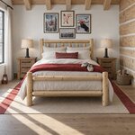 Front room view of a rustic log bed with a spindle headboard and open log footboard, in a cabin bedroom with a log wall.