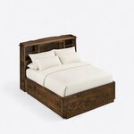 High angled view of a bookcase storage bed, looking down on the wavy-edged top shelf, side cubbies and solid footboard.