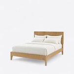 Diagonal angled view showing the left side of a modern platform bed, with a flat plank headboard and tapered legs.