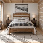Front room view of a modern slat bed with an arched horizontal-slat headboard, in a log cabin bedroom with a beamed ceiling.