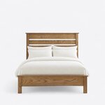Front view of a minimalist slat bed, showing a tall horizontal-slat headboard and a low footboard, each with a cap rail.