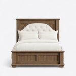 Front view of a transitional panel bed, showing a tall headboard with a tufted arched insert and a two-panel footboard.