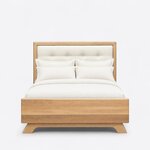 Front view of a contemporary upholstered bed, showing a tall tufted headboard over a low solid footboard on flared feet.