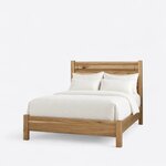 Diagonal angled view showing the left side of a minimalist panel bed, with a solid panel headboard and square posts.