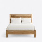 Front view of a minimalist panel bed, showing a tall solid headboard between square posts and a low panel footboard.