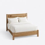 High angled view of a minimalist panel bed, looking down on the straight side rails, square legs and low footboard.