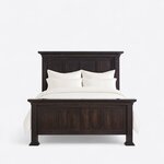Front view of a Shaker panel bed, showing a tall headboard and shorter footboard, both with dentil cornices and square posts.