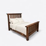 Diagonal angled view showing the right side of a rustic slat bed, with square posts and a slatted headboard and footboard.