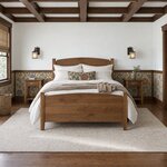 Front room view of a contemporary short post bed with arched panels, in a Craftsman bedroom with a beamed ceiling.
