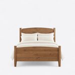 Front view of a contemporary short post bed, showing an arched headboard and footboard between square posts on tapered legs.