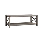 Amish 48 Wide Berkley Springs Coffee Table with Bottom Shelf and metal X Sides and Top Corners shown in Red Oak with Frost Stain