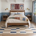 Front room view of a modern panel bed with a flat-panel headboard, in a bedroom with blue beadboard wainscoting.