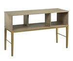 Amish 48 Wide Cascade Sofa Table Shown in Flat Sawn White Oak with Morel Gray Stain and Sungold Metal Base
