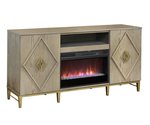 Amish Cascade TV Stand with Firebox shown in Flat Sawn White Oak with Morel Grey Stain and Gold Metal Base