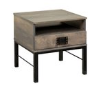 Amish 24 Square Naples End Table shown in Brown Maple with Smoke Stain and Black Metal Base