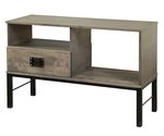 Amish 48 Wide Naples Sofa Table shown in Brown Maple with Smoke Stain and Black Metal Base