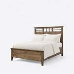 Diagonal angled view showing the left side of a contemporary panel bed, with a lattice-top headboard and a low footboard.
