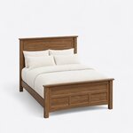 High angled view of a transitional panel bed, looking down on the paneled footboard, plain side rails and square legs.